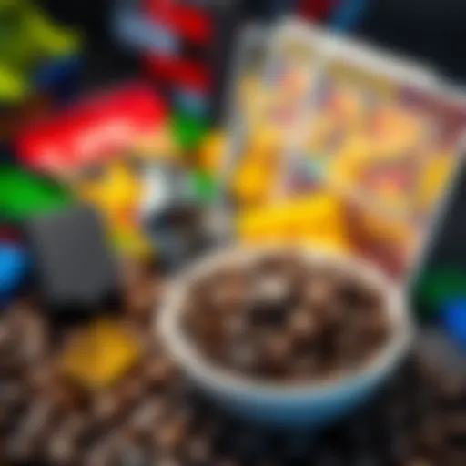 A bowl of cocoa beans next to LEGO blocks and Pokémon cards, symbolizing the rise of traditional items over cryptocurrencies.