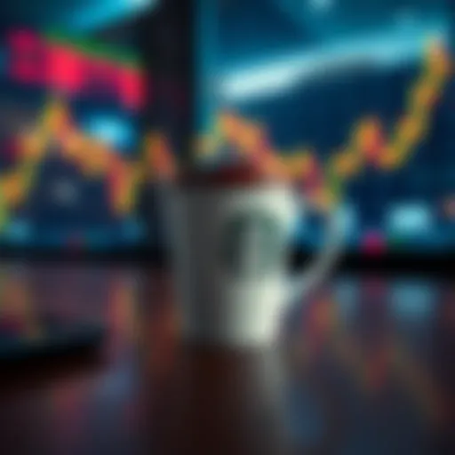 A coffee cup placed on a table with a stock market graph in the background, symbolizing the connection between coffee orders and market trends.
