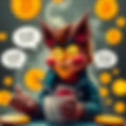 A visual representation of Coffeezilla discussing flaws in Bitcoin's critique, with Bitcoin symbols and critical text bubbles around him.