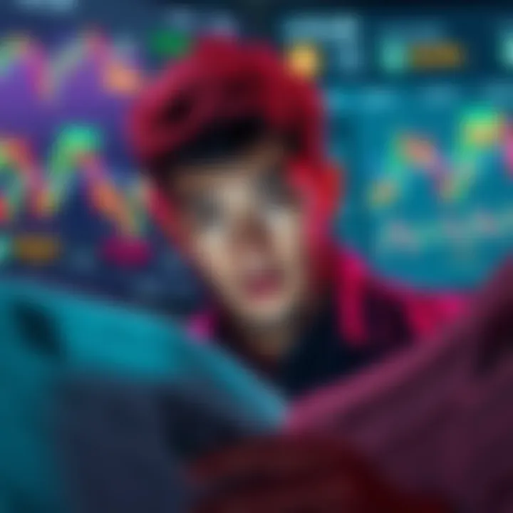 A person looking skeptical while reading financial news about cryptocurrency, surrounded by charts and graphs showing market trends.