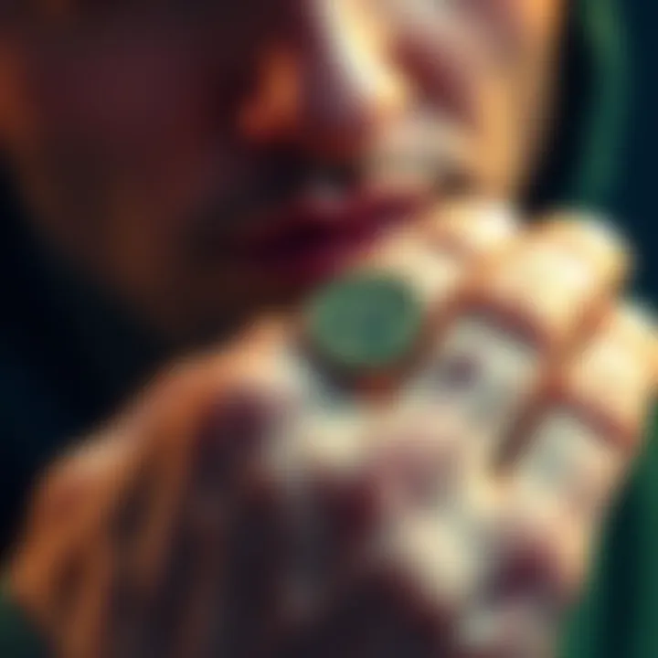 A close-up of a person holding a coin, showing a small cut on their hand