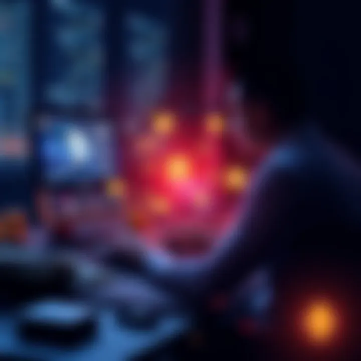 A visual showing a person using a computer, with money and ether symbols around, representing Coinbase's new borrowing feature for staked ether.