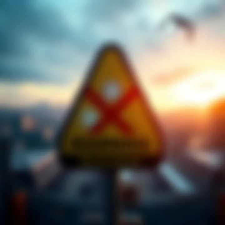 A graphic showing a warning sign with cryptocurrency symbols, indicating restrictions on buying, selling, and transferring.