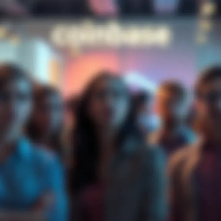 Coinbase Workforce Layoffs A group of people looking concerned in an office setting, with a Coinbase logo visible in the background