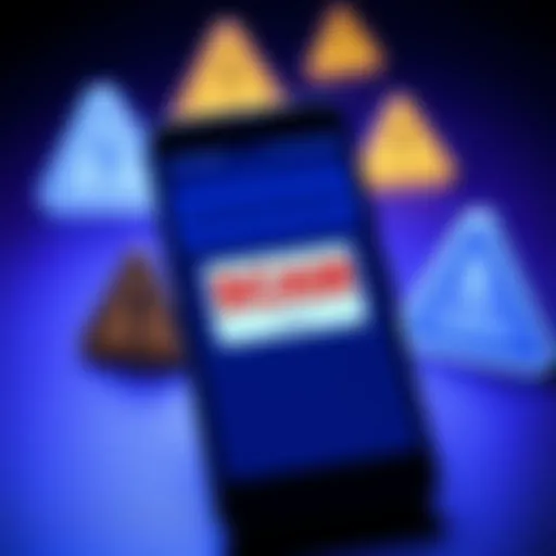 A smartphone displaying a fake verification message related to Coinbase, with caution symbols in the background.
