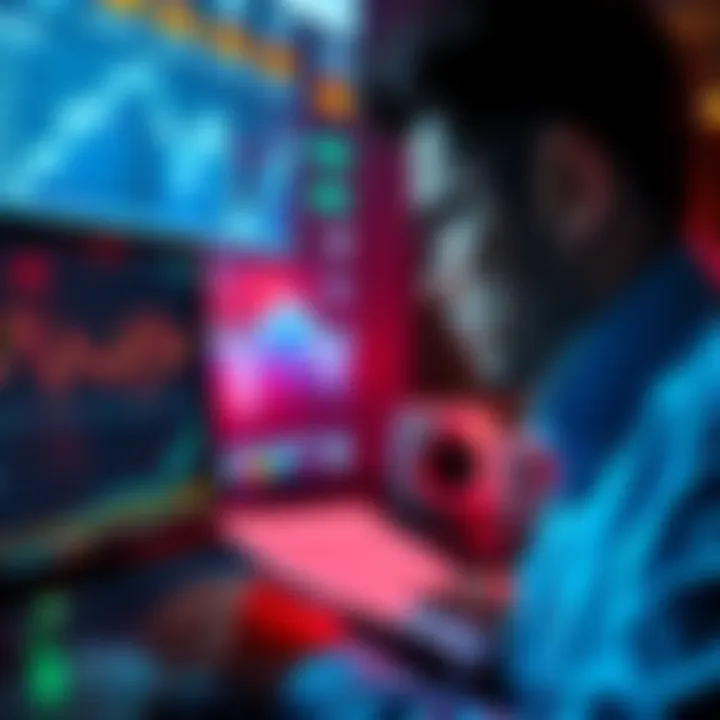 Graph showing financial data and tax forms with a confused person looking at a computer screen