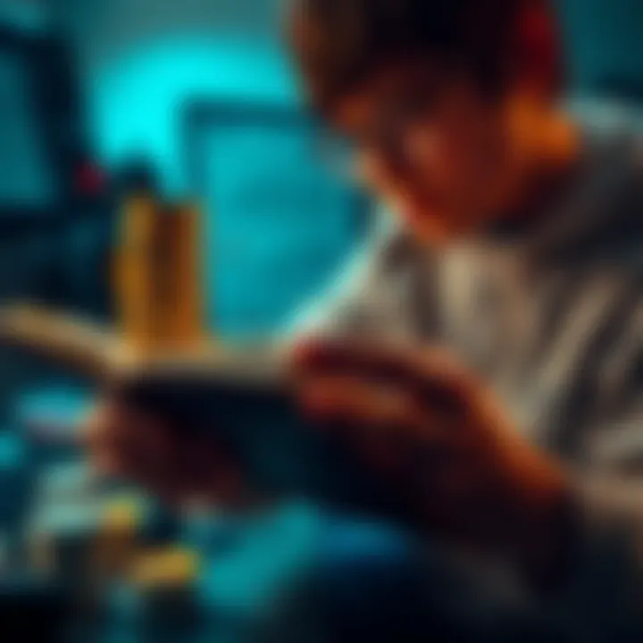 A person stacking cryptocurrency coins while reading a book about finance.