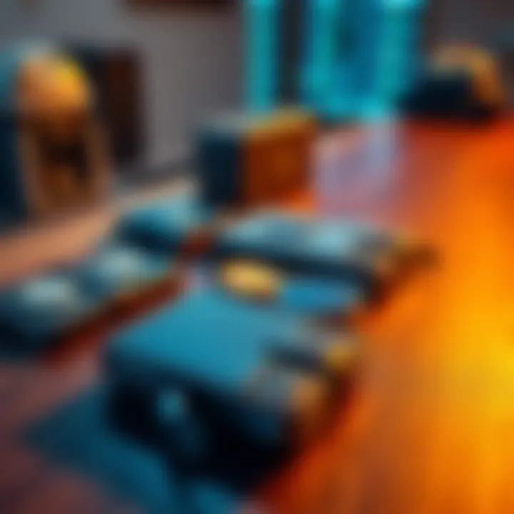 A collection of cold storage wallets labeled for different cryptocurrencies on a wooden table