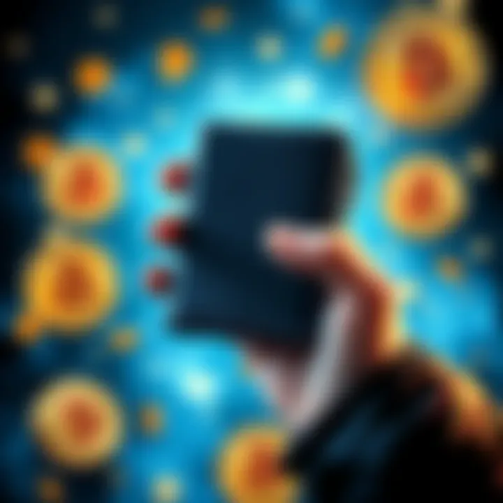 A person holding a physical cold wallet device designed for Bitcoin storage, surrounded by Bitcoin symbols, emphasizing security and investment protection.