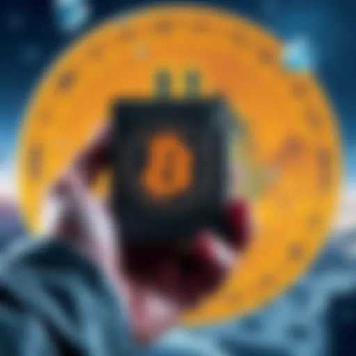 A person holding a cold wallet device, symbolizing secure Bitcoin storage, with a Bitcoin logo in the background.