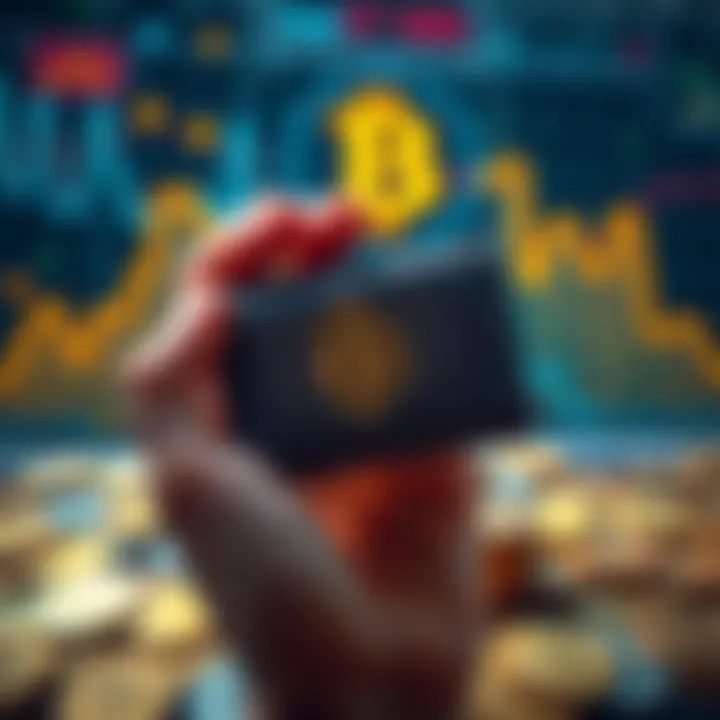 A person securely holding a cold wallet device designed for storing Bitcoin, surrounded by coins and a digital interface showing Bitcoin graphics