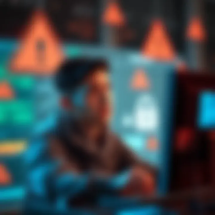 A graphic showing a person worried while looking at a computer screen, with a lock symbol and warning signs around, indicating security risks in self-banking systems.