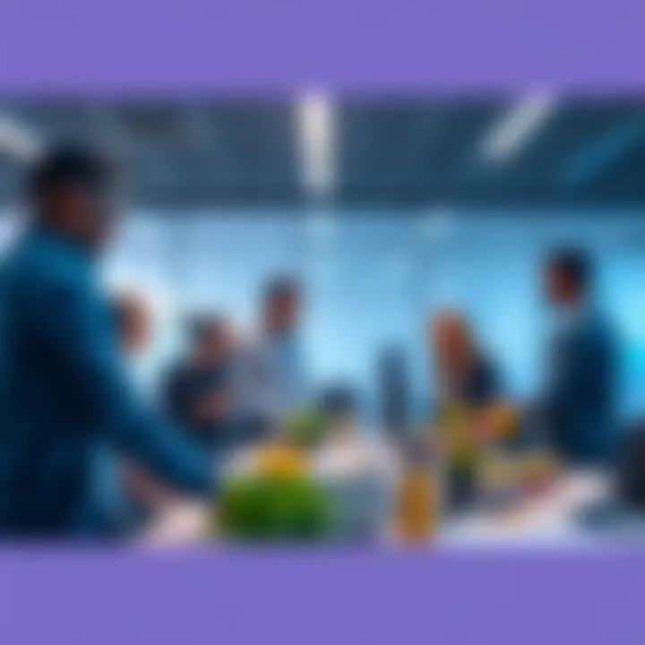 A diverse group of people discussing ideas and working together on a project in a modern workspace