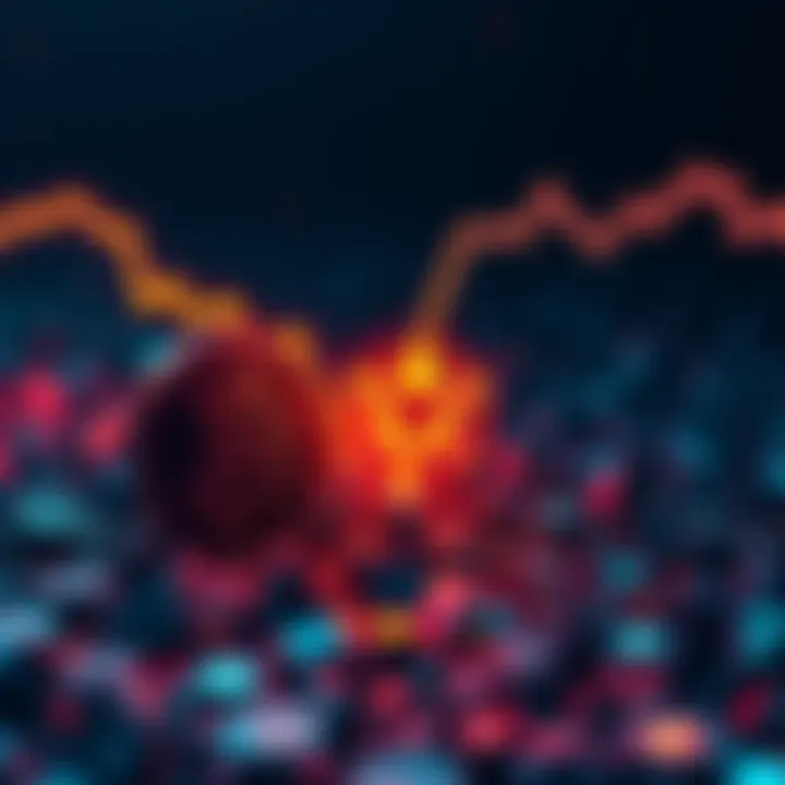 A graphic showing a downward trend in cryptocurrency values, with the Cosmos logo prominently featured as it falls