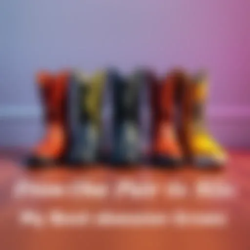 A display of six pairs of stylish boots showcasing diverse colors and styles on a wooden floor