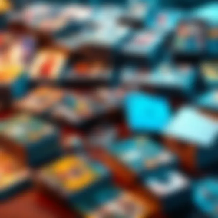 A collection of trading cards displayed on a table, including sports, gaming, and collectible cards, showcasing their variety and appeal.