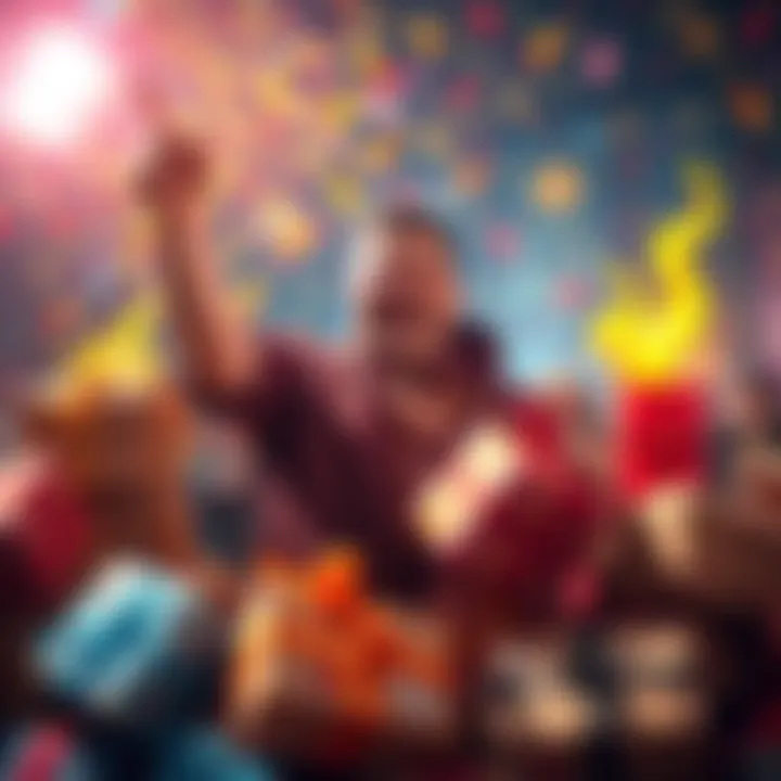 A happy collector surrounded by colorful legendary parcels, celebrating their achievement after a long wait for better luck.