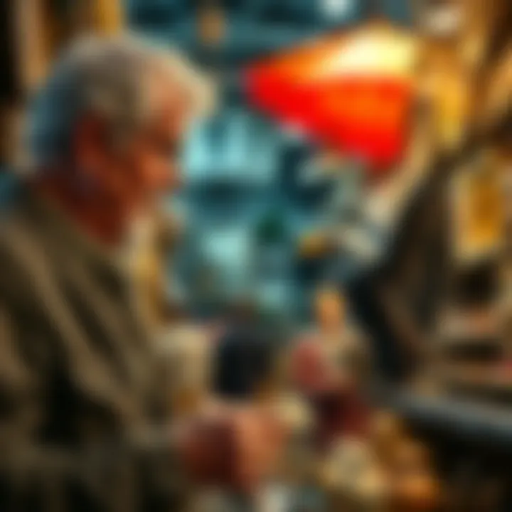 A collector examines a spitting eagle collectible in an antique store while on vacation, showing curiosity and care over its condition and price.