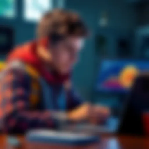 A young college student looking at a Bitcoin chart on a laptop while taking notes