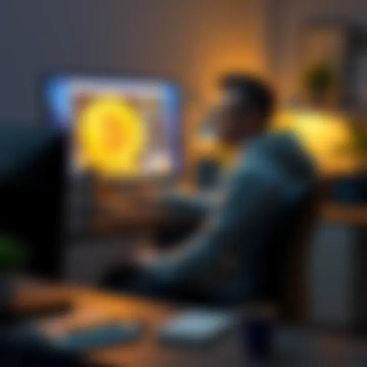 A college student sitting at a desk, looking at his computer screen showing Dogecoin graphics and investment advice forums.