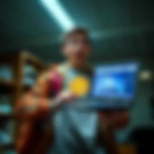 A college student looks surprised while holding an old Toshiba laptop, realizing it has a Bitcoin wallet inside.