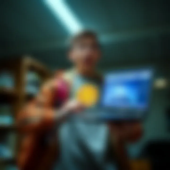 A college student looks surprised while holding an old Toshiba laptop, realizing it has a Bitcoin wallet inside.