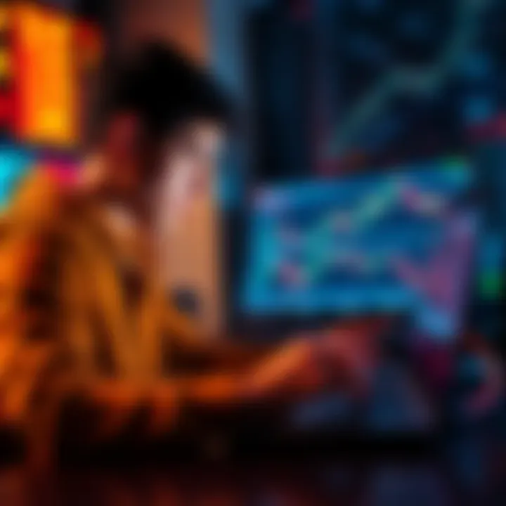 A college student focused on day trading with charts and a laptop in front of them, symbolizing dedication to learning trading skills.