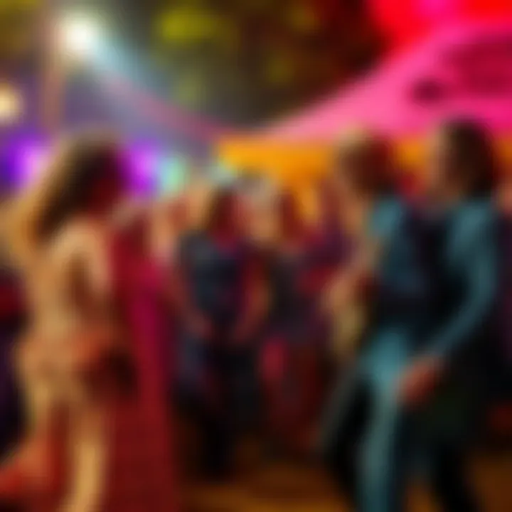A group of people dressed in vibrant 1960s fashion, enjoying music and dancing at an outdoor festival, showcasing a cultural revival.