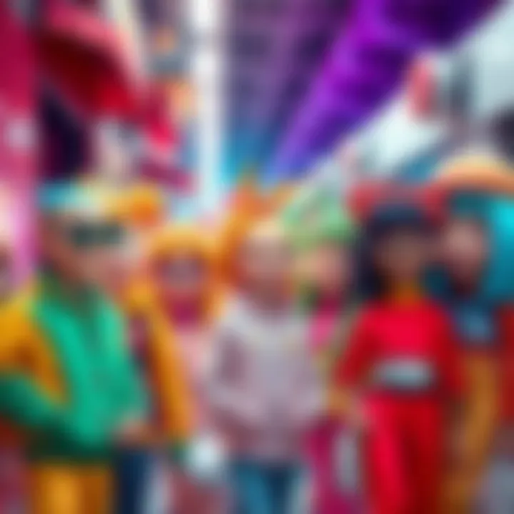 A group of vibrant Cutemax characters dressed in cheerful outfits, showcasing their unique styles and expressions, interacting joyfully in a community setting.