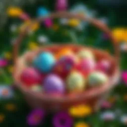 A basket filled with vibrant Easter eggs surrounded by grass and flowers