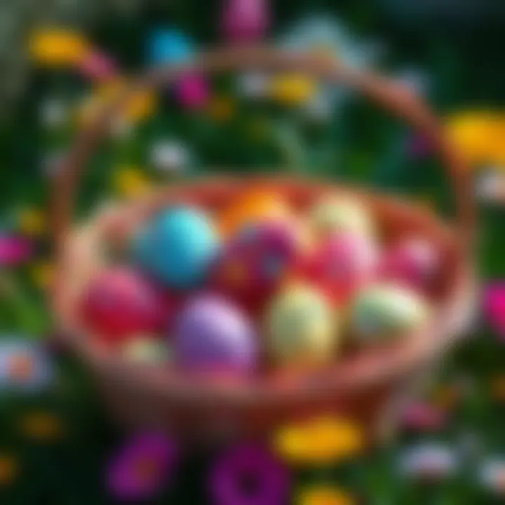 A basket filled with vibrant Easter eggs surrounded by grass and flowers