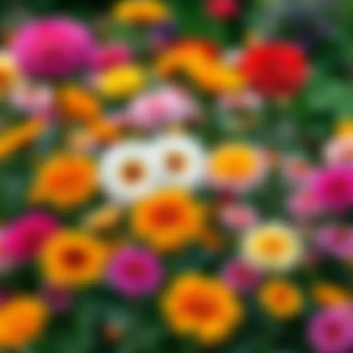 A vibrant assortment of Dahlias, Ranunculus, and Zinnias blooming in a garden setting