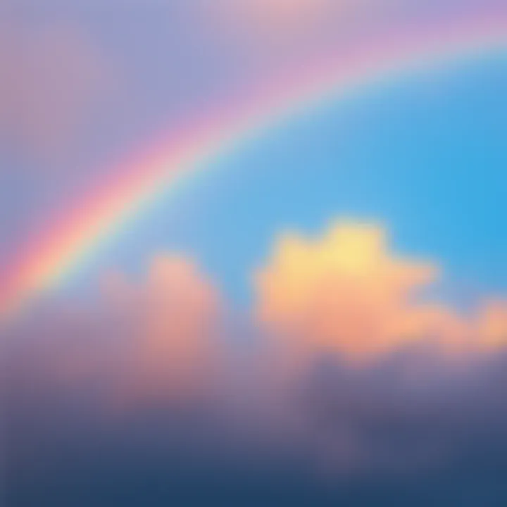 A vibrant rainbow arching across a blue sky, symbolizing joy and wonder.