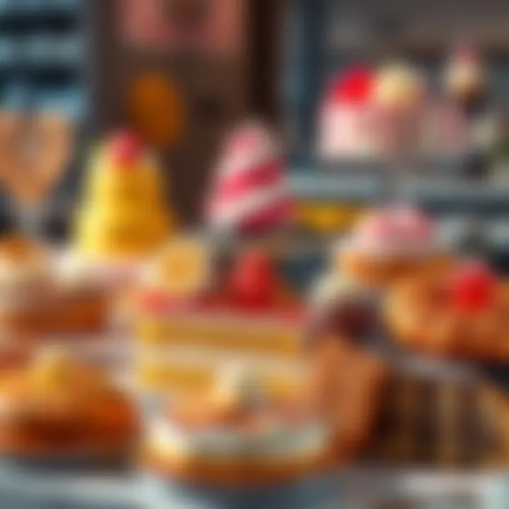 A variety of delicious desserts including cakes and donuts arranged on a table, showcasing vibrant colors and enticing decorations