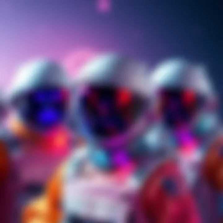 Astronauts showcasing new colorful skins, some with visual designs and others with functional boosts like increased income.