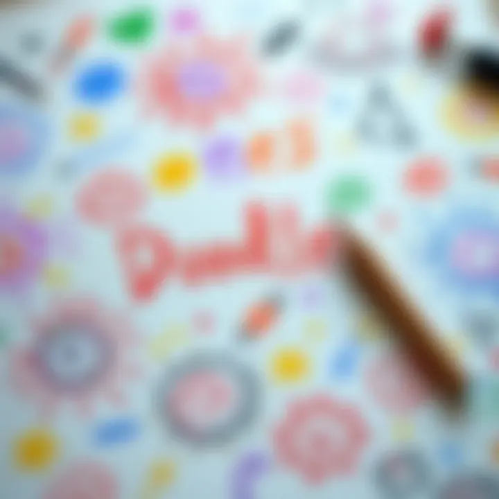 A variety of colorful doodles spread across a white sheet of paper, showcasing creative designs and patterns.
