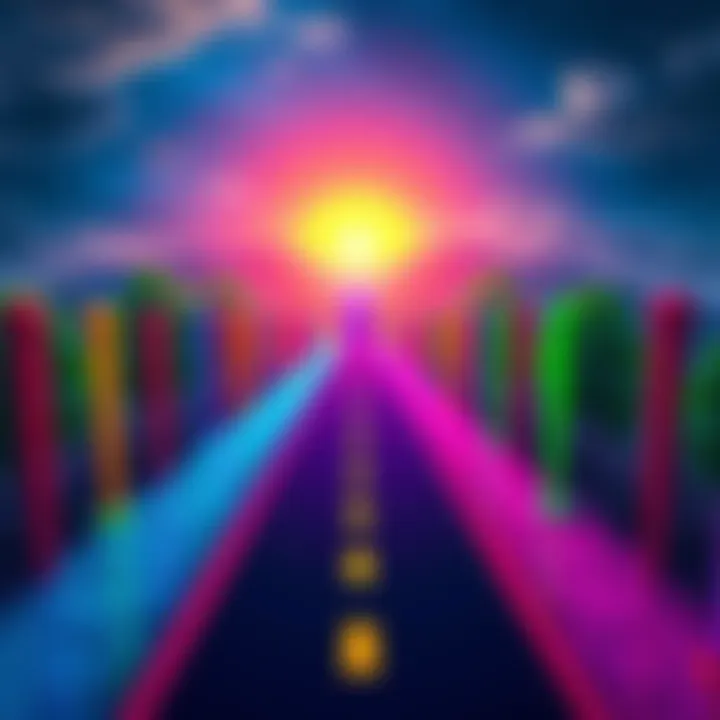 A vibrant pathway lined with colorful markers leading towards a bright horizon, symbolizing a journey towards a milestone