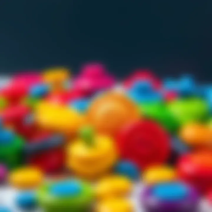 A variety of colorful toy buttons that make different funny sounds, arranged for play, inviting laughter and creativity.