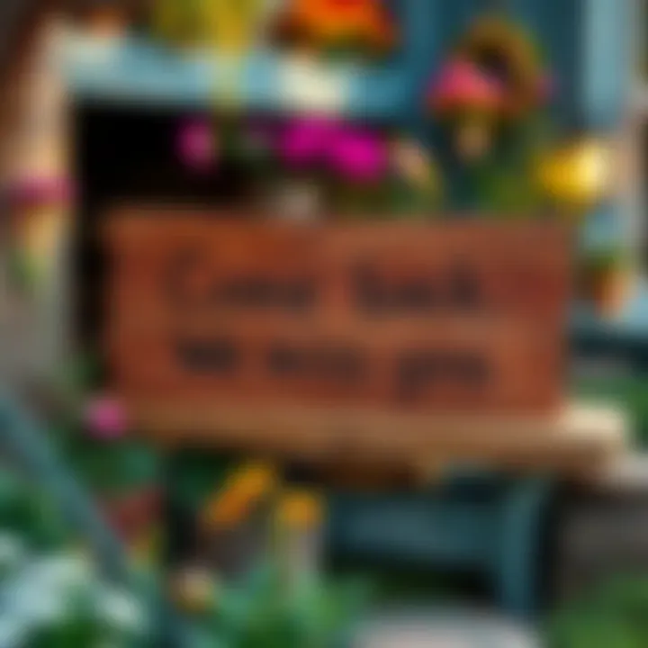 A heartfelt message written on a weathered wooden sign saying 'Come back. We miss you.' placed in a cozy outdoor setting, surrounded by flowers and greenery.
