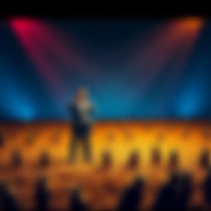 A comedian standing in a minefield, holding a microphone, with hidden landmines around him symbolizing the risks of making jokes.