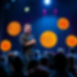 A comedian stands on stage, holding a microphone, with Bitcoin symbols around them, engaging an audience interested in cryptocurrency.