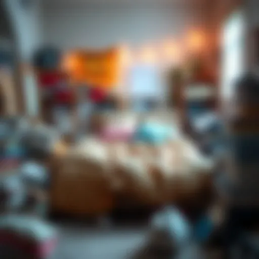 A cozy bed surrounded by clutter, illustrating the challenge of maintaining comfort at home amid chaos.