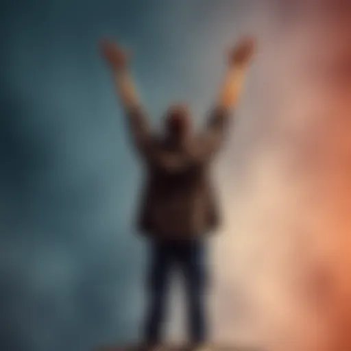 A determined person standing confidently with arms raised, symbolizing success and dedication to their goals.