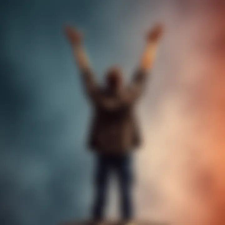 A determined person standing confidently with arms raised, symbolizing success and dedication to their goals.