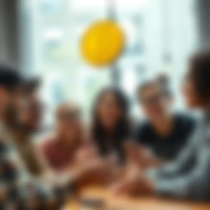 A group of diverse individuals collaborating to design memecoins, showcasing laughter and creativity in a friendly environment.