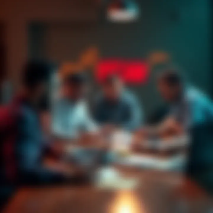 A group of people collaborating around a table, looking at laptops and papers, focused on solving Coincard problems and recovering stolen bitcoin.