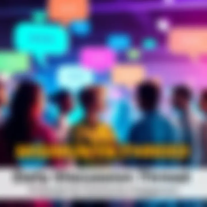 A vibrant digital forum with people sharing thoughts and ideas in a conversation bubble format