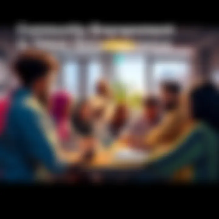 A diverse group of people participating in a community meeting about token governance, discussing strategies and decisions.