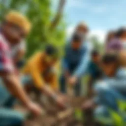 A diverse group of people collaborating on a community project, planting trees and building structures for a better future.