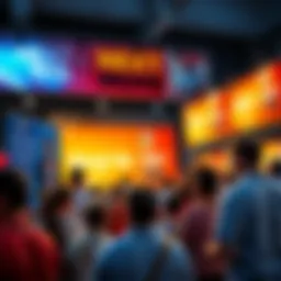 People discussing the Next Big Move initiative at a community event, with banners promoting change and development in the background.